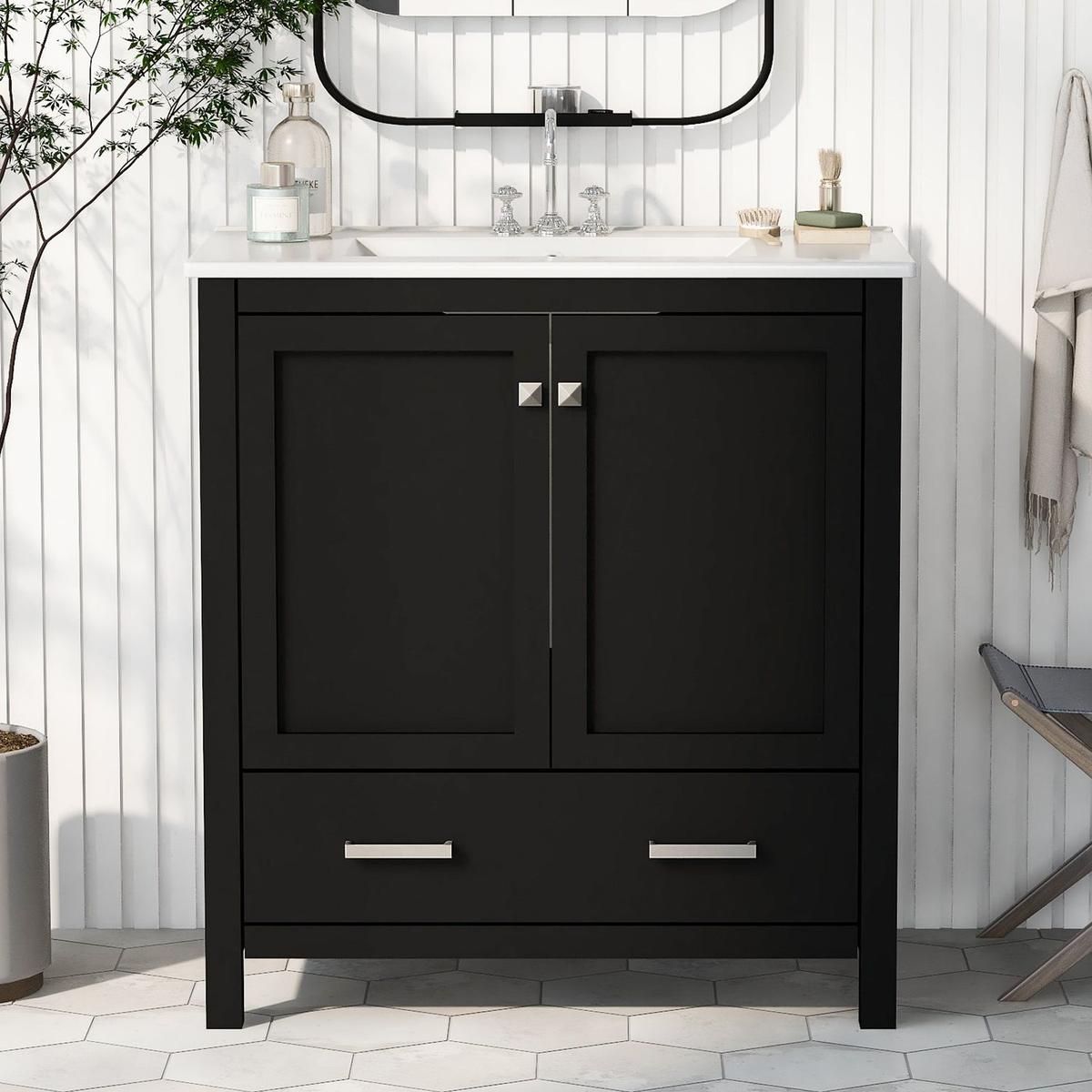 30" Black Bathroom Vanity with Single Sink, Combo Cabinet Undermount Sink, Bathroom Storage Cabinet with 2 Doors and a Drawer, Soft Closing, Multifunctional Storage, Solid Wood Frame