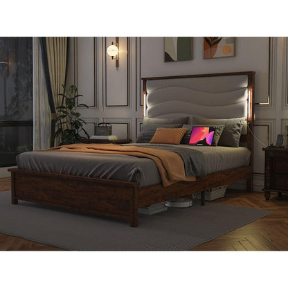 King Size Bed Frame with Upholstered Headboard, King Bed Frame with Charging Station and LED Lights, Wood Slats, Dark Gray Linen, No Box Spring Needed, Easy Assembly