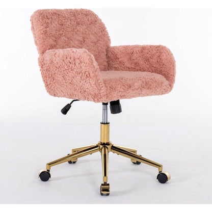 Office Chair,Artificial rabbit hair Home Office Chair with Golden Metal Base,Adjustable Desk Chair Swivel Office Chair,Vanity Chair(Pink)