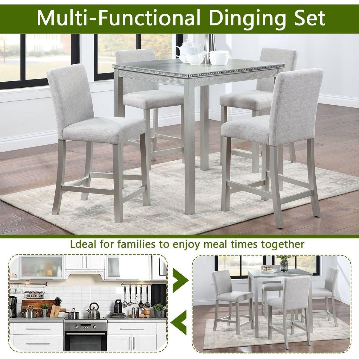 5 Piece Counter Height Table Set, Wooden Kitchen Table Set with Square Table and 4 Upholstered Chairs, Counter Height Dining Table with Crystal Decoration and Chair Set for Kitchen, Dining Room,Gray