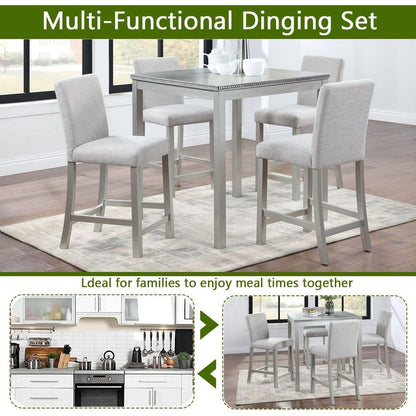 5 Piece Counter Height Table Set, Wooden Kitchen Table Set with Square Table and 4 Upholstered Chairs, Counter Height Dining Table with Crystal Decoration and Chair Set for Kitchen, Dining Room,Gray