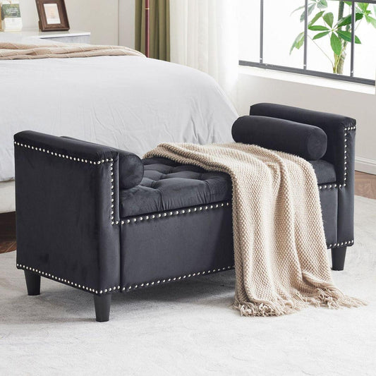 Storage Bench, 44.5-Inch Queen Velvet Button Bedside Bench, Entryway Living Room with Armrests, Nailhead Trim, Upholstered Bedroom Bench, Bedside Ottoman, Living Room, Entryway, Black