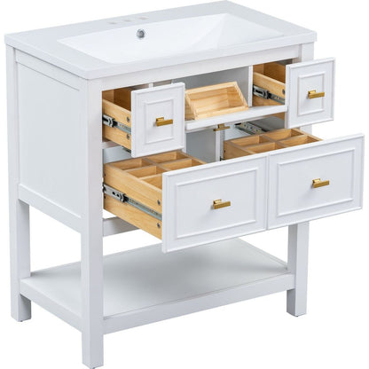 30" Bathroom Vanity with Resin Sink Combo, Free Standing Single Vanity Set with 5 Drawers, Solid Wood Frame Bathroom Storage Cabinet, White