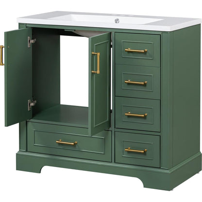 36-inch Traditional Bathroom Vanity with Resin Sink Combo Set, Green Bathroom Cabinet with Two Doors and Four Drawers