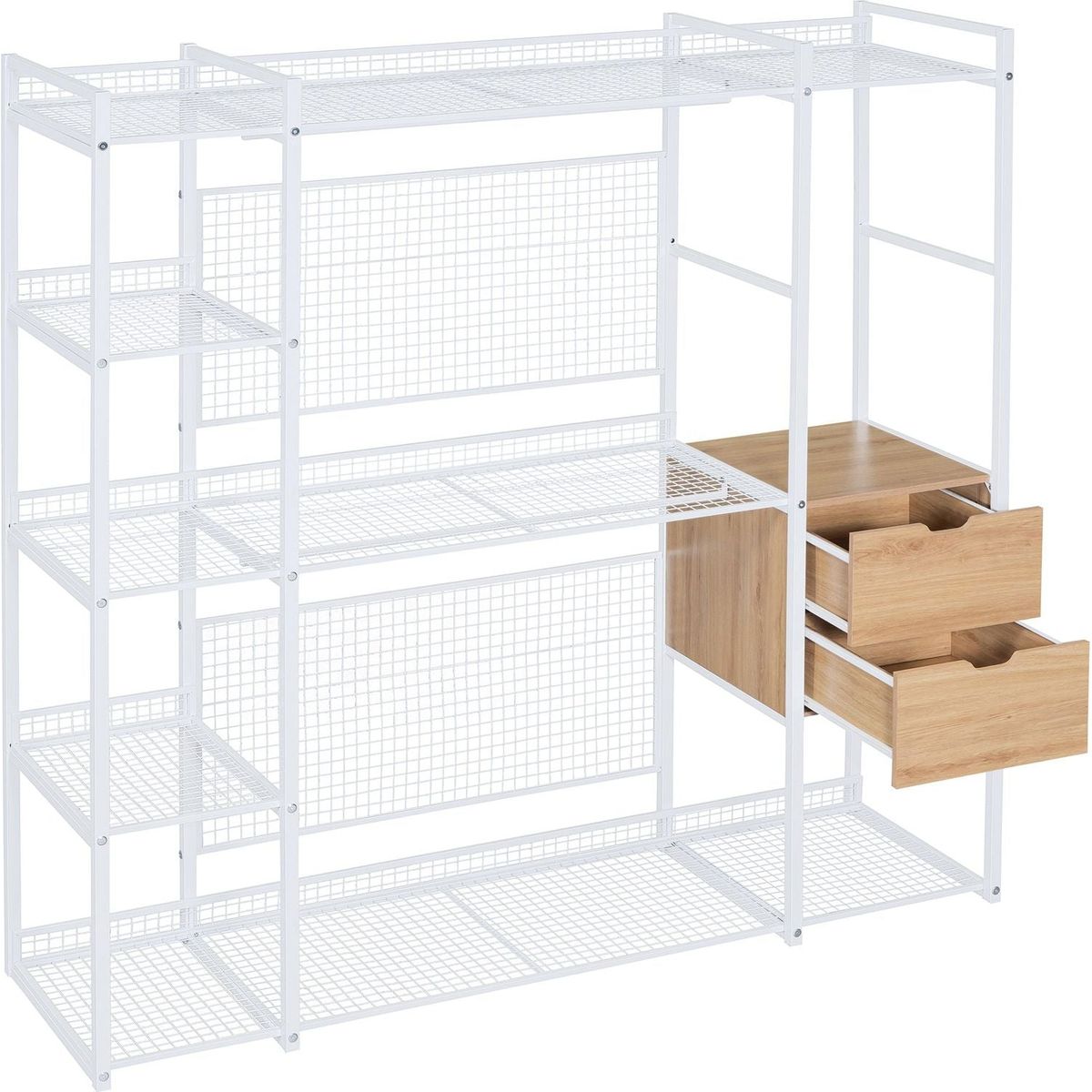 Open-Style Wardrobe with Hanging Rails, Shelves and Drawers, White