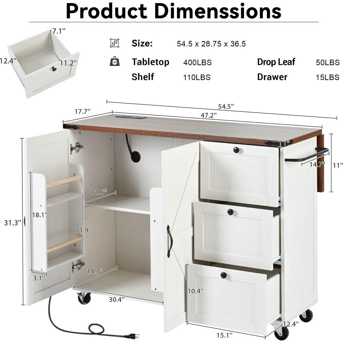54.5" Farmhouse Kitchen Island with Power Outlet, Kitchen Storage Island with Internal Storage Rack, Drop Leaf, Spice Rack, Rolling Kitchen Cart on Wheels, for Home, Kitchen and Dining Room,White