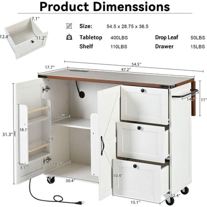 54.5" Farmhouse Kitchen Island with Power Outlet, Kitchen Storage Island with Internal Storage Rack, Drop Leaf, Spice Rack, Rolling Kitchen Cart on Wheels, for Home, Kitchen and Dining Room,White
