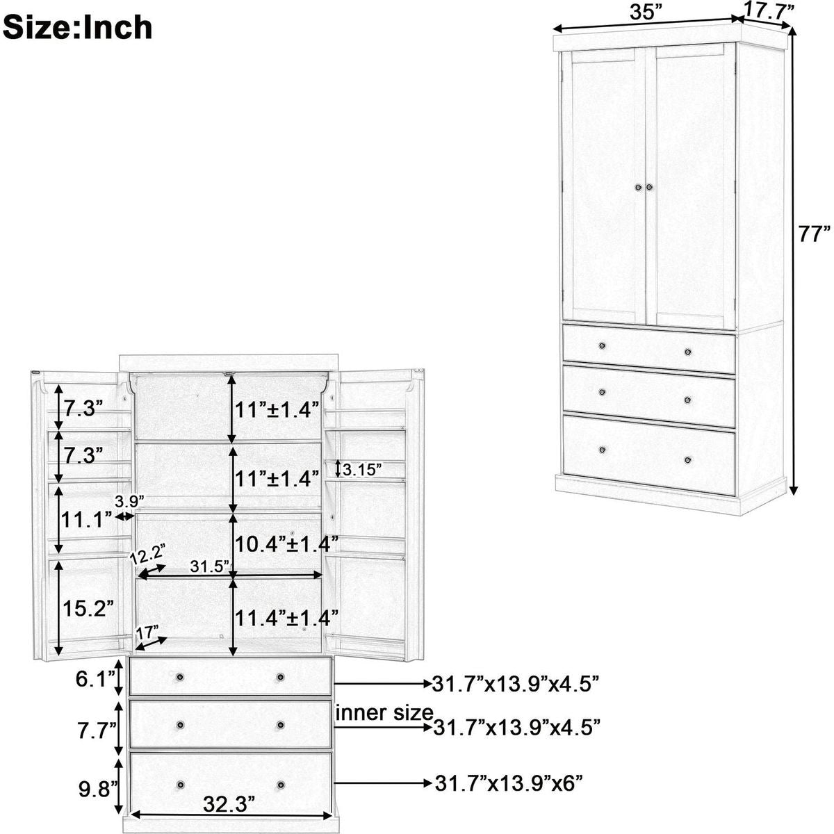 [Assembly Video Provided]77inch Farmhouse Kitchen Pantry, Freestanding Tall Cupboard Storage Cabinet with 3 Adjustable Shelves, 8 Door Shelves, 3 Drawers for Kitchen, Dining Room, White