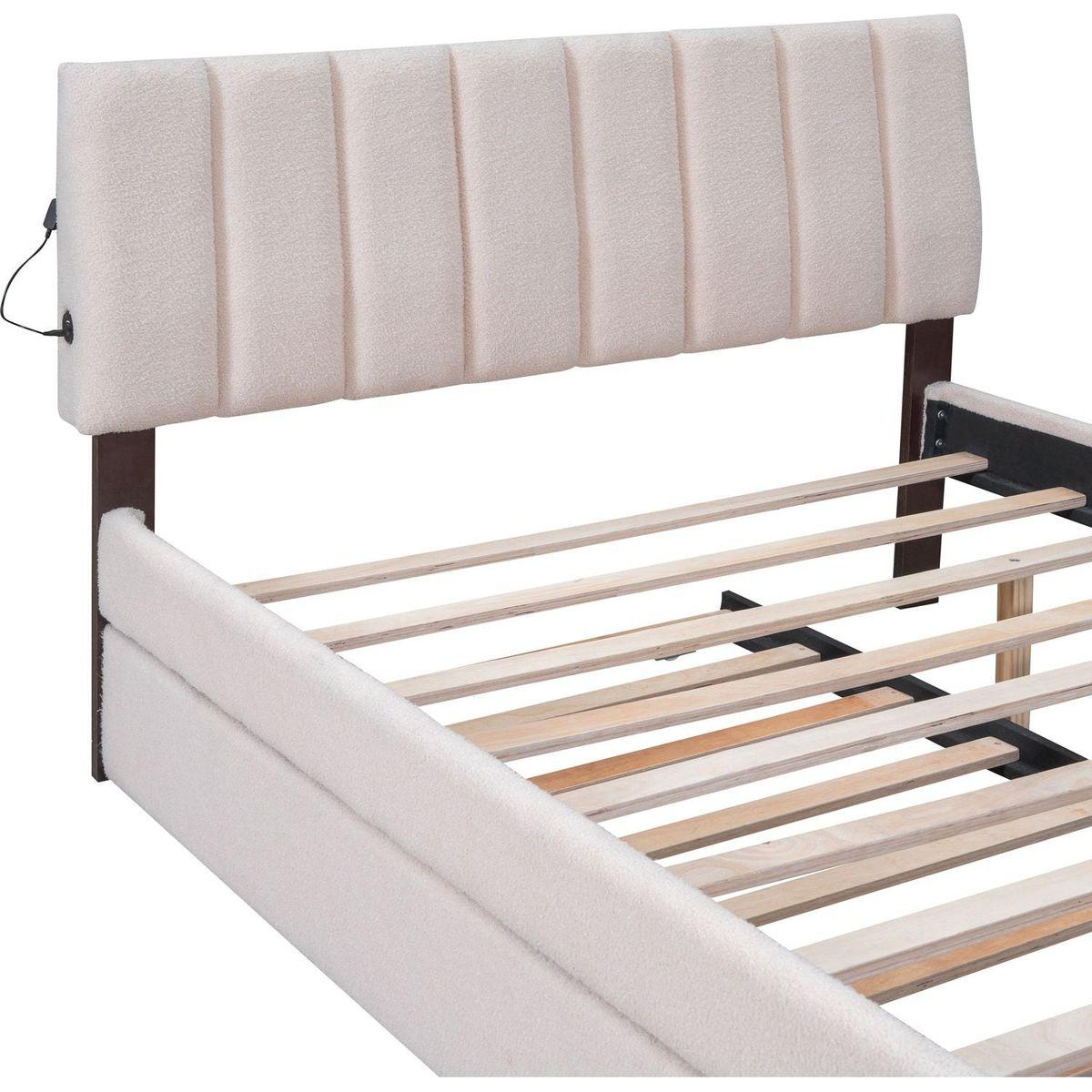 Teddy Fleece Full Size Upholstered Platform Bed with Trundle, Beige