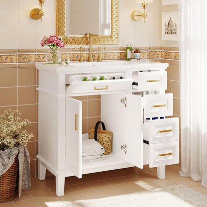 36-inch Bathroom Vanity with Resin Sink, Modern Bathroom Cabinet in White,Featuring Two Soft Close Doors and Four Drawers