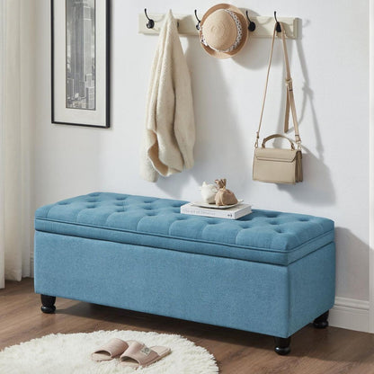 Upholstered tufted button storage bench, Linen fabric entry bench with spindle wooden legs, Bed bench- Light Blue
