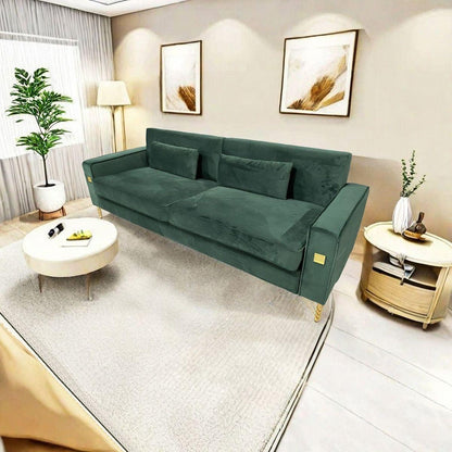 FX-P18-RG2(SOFA) Luxury Emerald Green Velvet Sofa with Gold Accents - Modern 3-Seat Couch with Plush Cushions, Perfect for Living Room and Office Decor