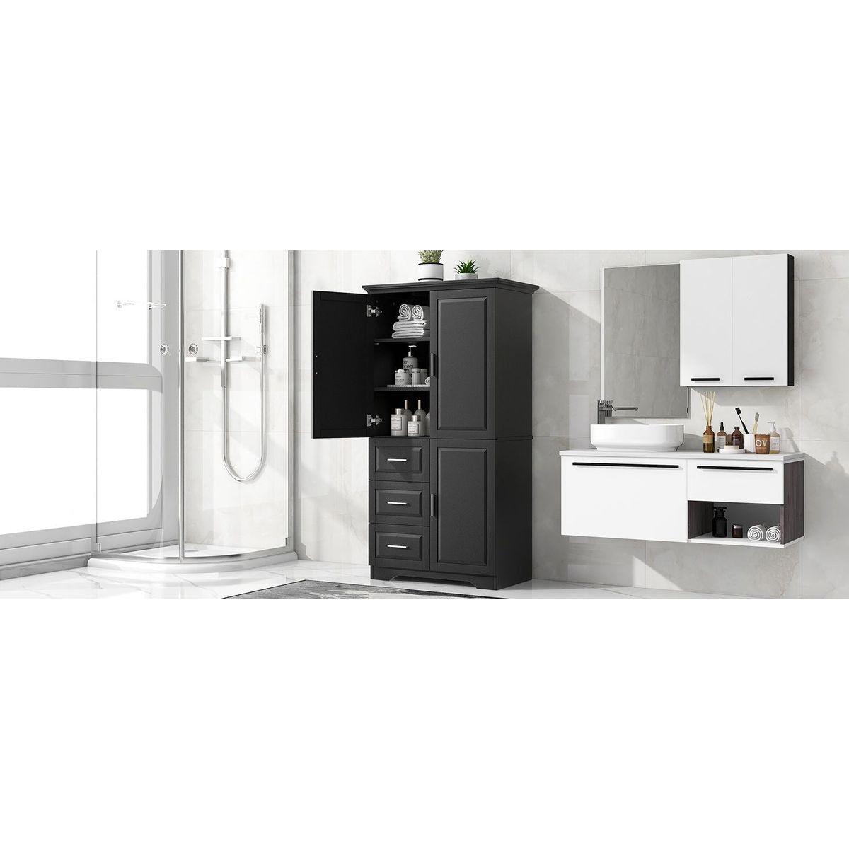 Tall and Wide Storage Cabinet with Doors for Bathroom/Office, Three Drawers, Black