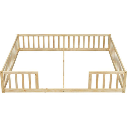 Double Twin Floor Bed with Fence, Guardrails, without door, Natural