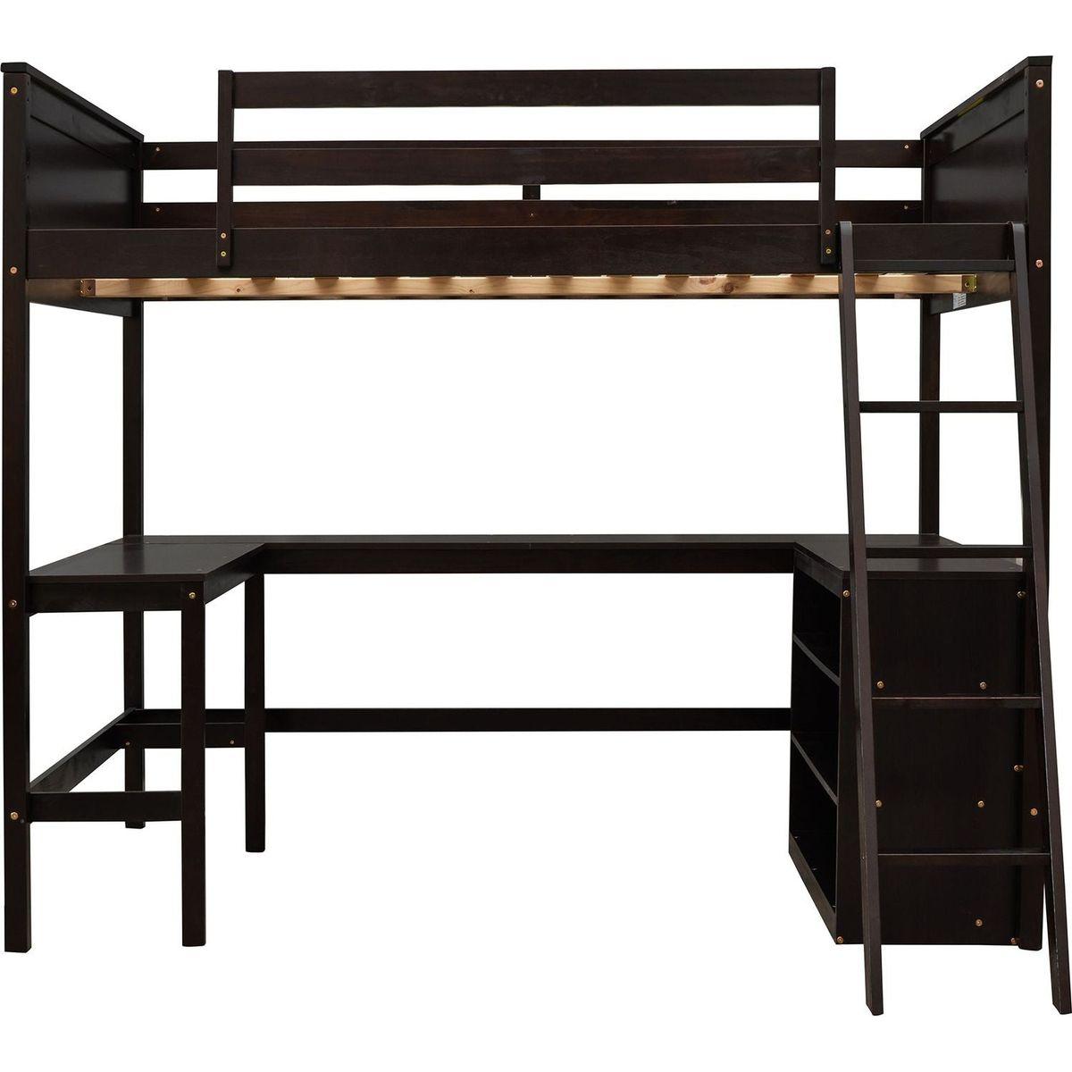 Full size Loft Bed with Shelves and Desk, Wooden Loft Bed with Desk - Espresso