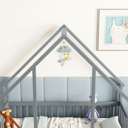 Twin Wood House-Shaped Floor Bed with Fence, Guardrails, Grey