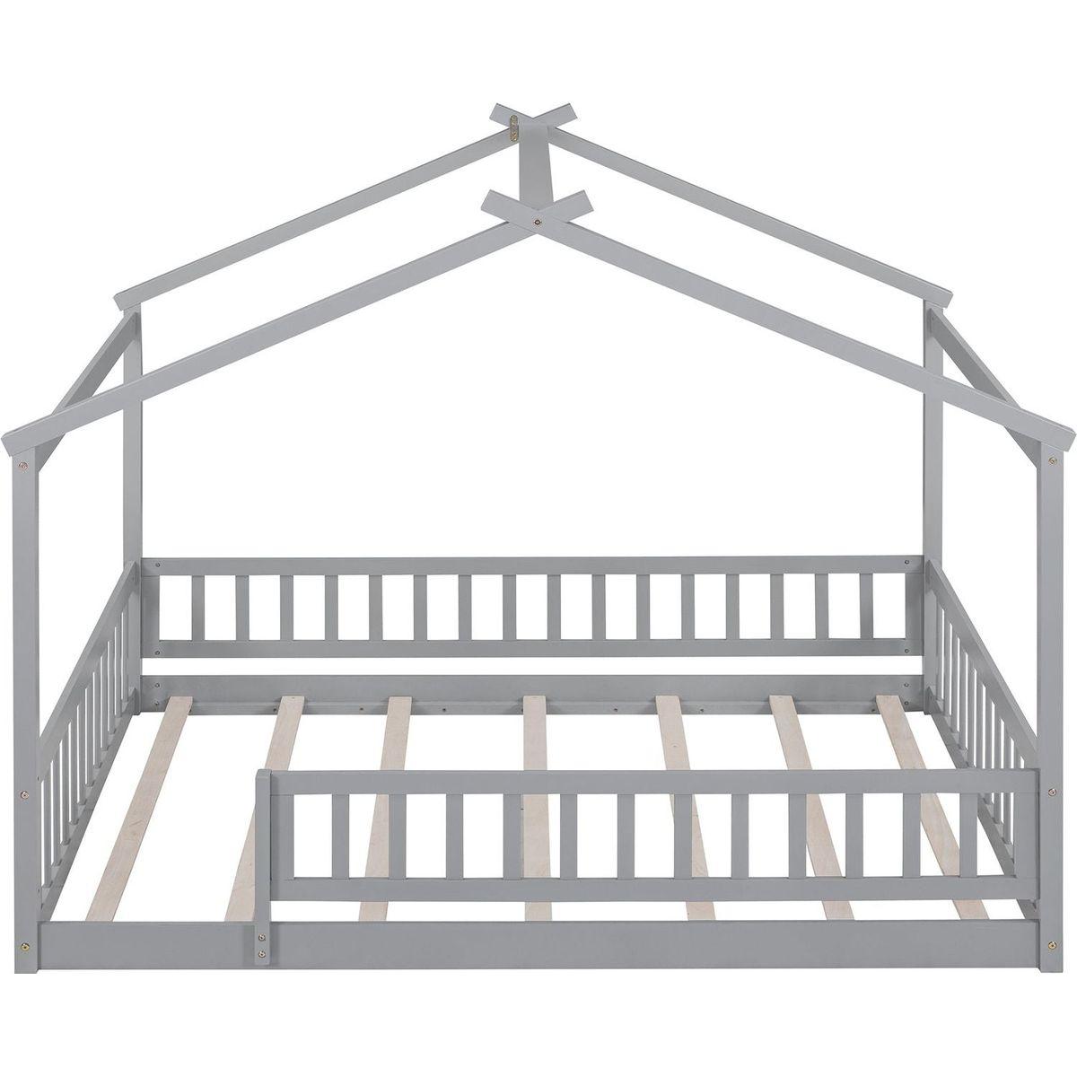 Full Size Wood Bed House Bed Frame with Fence, for Kids, Teens, Girls, Boys,Gray
