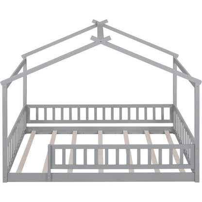 Full Size Wood Bed House Bed Frame with Fence, for Kids, Teens, Girls, Boys,Gray