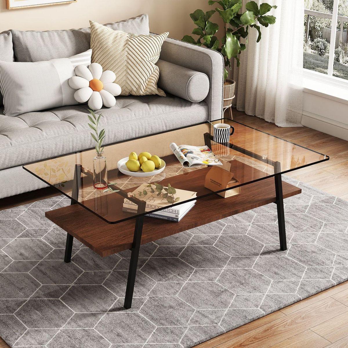 Rectangle Coffee Table, Tempered Glass Tabletop with Black Metal Legs, Modern Table for Living Room, Brown Glass