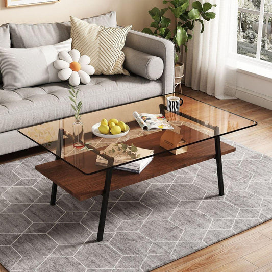 Rectangle Coffee Table, Tempered Glass Tabletop with Black Metal Legs, Modern Table for Living Room, Brown Glass