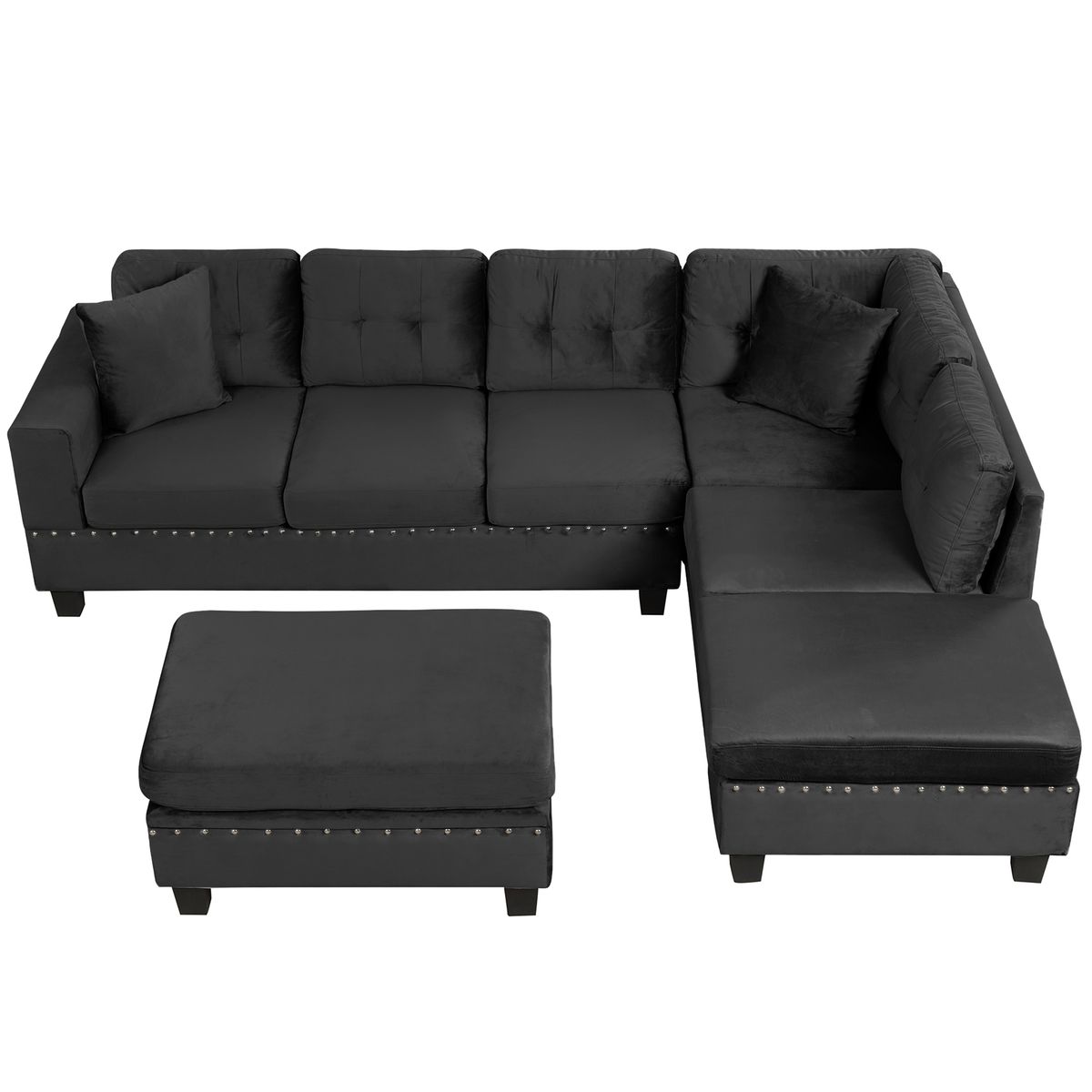 Modern Sectional Sofa with Storage Ottoman, L-Shape Couch with 2 Pillows and Cup Holders, Black Velvet, 105'