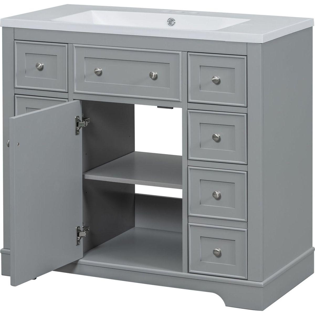 36" Bathroom Vanity with Sink Combo, One Cabinet and Six Drawers, Solid Wood and MDF Board, Grey