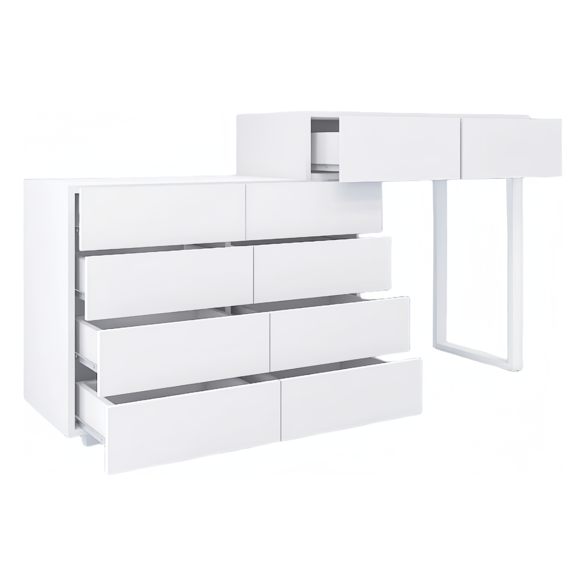 Extended Desktop 10 Drawers Chest of Drawer without Handle White Color Vanity
