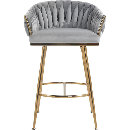 26" Counter height bar stools Set of 2,velvet kitchen island counter bar stool with hand- wave back,golden chromed base and foot rest(GREY)