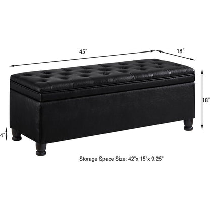 Upholstered tufted button storage bench, Faux leather entry bench with spindle wooden legs, Bed bench- Black