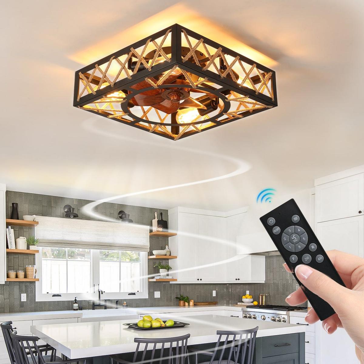 Farmhouse Rustic Ceiling Fan and Remote Control, Square Caged Industrial  Ceiling Fixture with 6 Speeds \u0026 Noiseless DC Motor for Kitchen Dining Room  Living Room Bedroom – Streamdale Furniture, image size:1200x1200