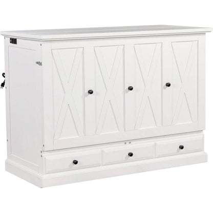 Solid Pine Murphy Bed Chest Cube Cabinet Bed with Charging Station and Large Storage Drawer for Home Office or Small Room,Full,White