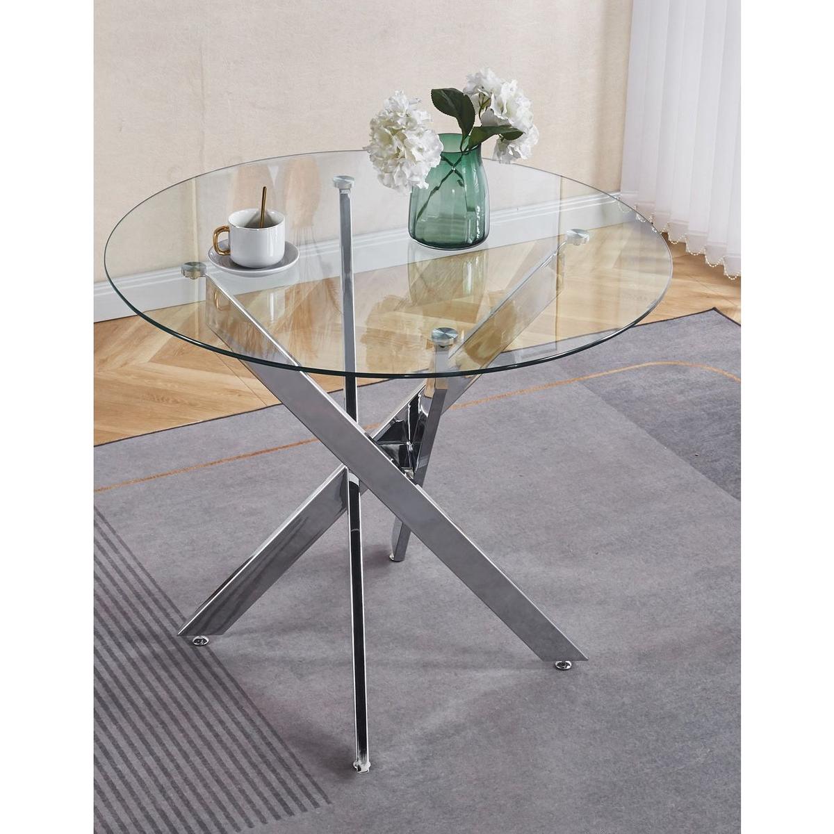 Dining Table with cross metal leg and tempered glass,Modern Space Saving Kitchen Table for Living Room,chrome legs