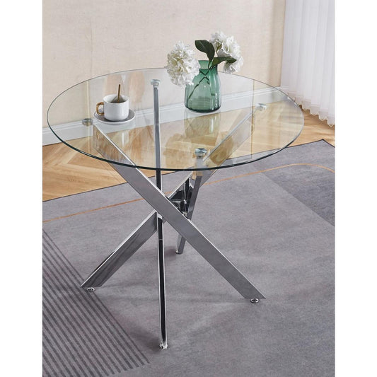 Dining Table with cross metal leg and tempered glass,Modern Space Saving Kitchen Table for Living Room,chrome legs