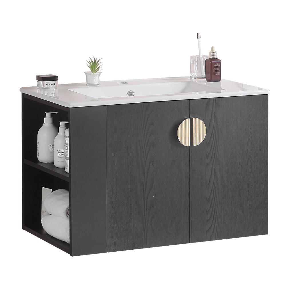 30" Bathroom Vanity with Sink,with two Doors Cabinet Bathroom Vanity Set with Side left Open Storage Shelf,Solid Wood,Excluding faucets,Black