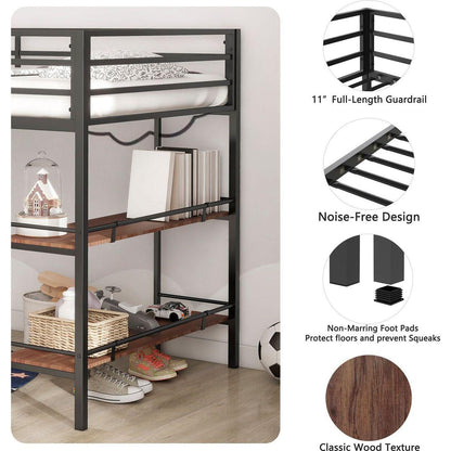 Adam sturdy junior twin loft bunk black with Cinnamon wood shelf for kids with easy climbing ladder, space saving