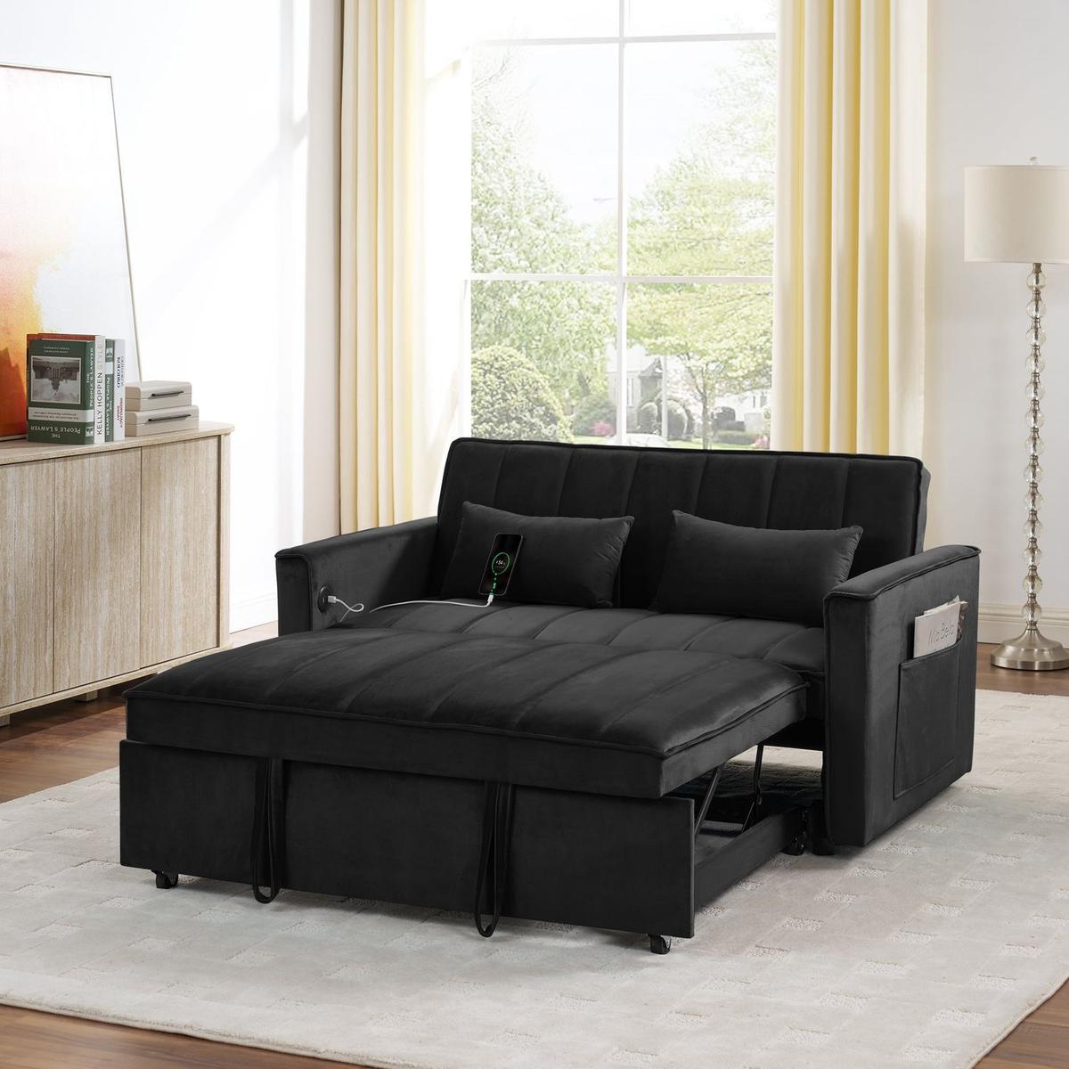 54.33 inch versatile foldable sofa bed in 3 lengths, modern sofa sofa sofa velvet pull-out bed, adjustable back (Black)