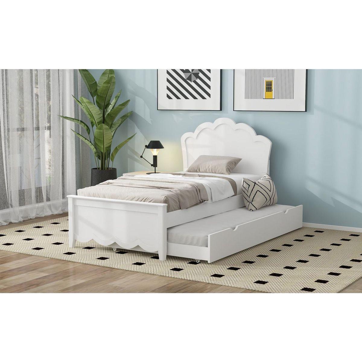 Twin Size Wood Platform Bed with Headboard and Twin Size Trundle, White