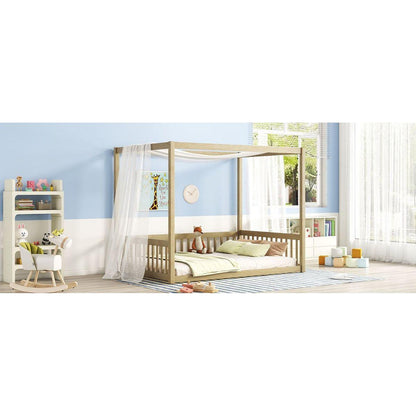 Full Size Canopy Frame Floor Bed with Fence, Guardrails,Natural