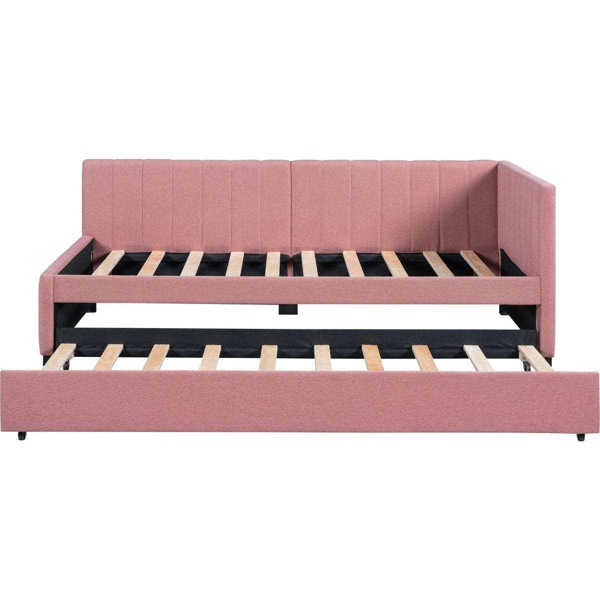 Upholstered Daybed with Trundle Twin Size Sofa Bed Frame No Box Spring Needed, Linen Fabric(Pink)