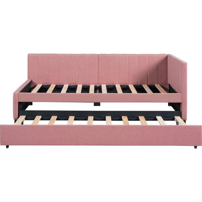 Upholstered Daybed with Trundle Twin Size Sofa Bed Frame No Box Spring Needed, Linen Fabric(Pink)