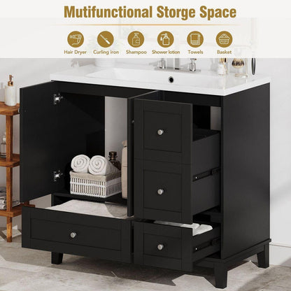 36 Inch Modern Bathroom Vanity with USB Charging, Two Doors and Three Drawers Bathroom Storage Vanity Cabinet, Small Bathroom Vanity cabinet with single sink, Black - Faucets Not Included