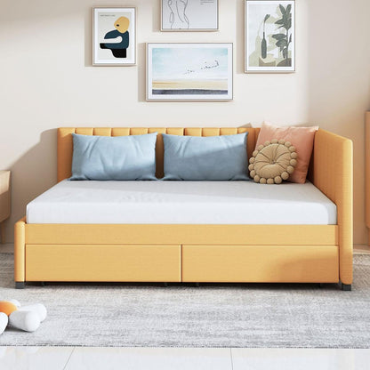 Full Size Upholstered Daybed with 2 Storage Drawers Sofa Bed Frame No Box Spring Needed, Linen Fabric (Yellow)