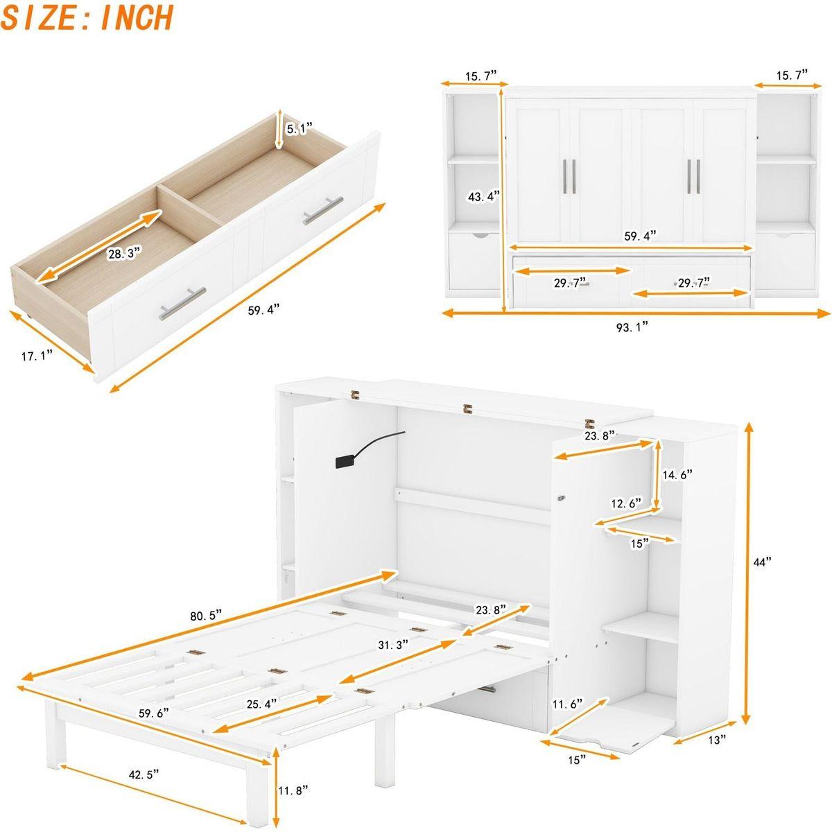 Queen Size Murphy Bed with Shelves, Drawers and USB Ports,White
