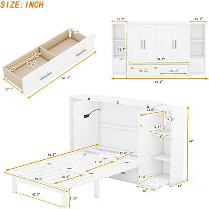 Queen Size Murphy Bed with Shelves, Drawers and USB Ports,White