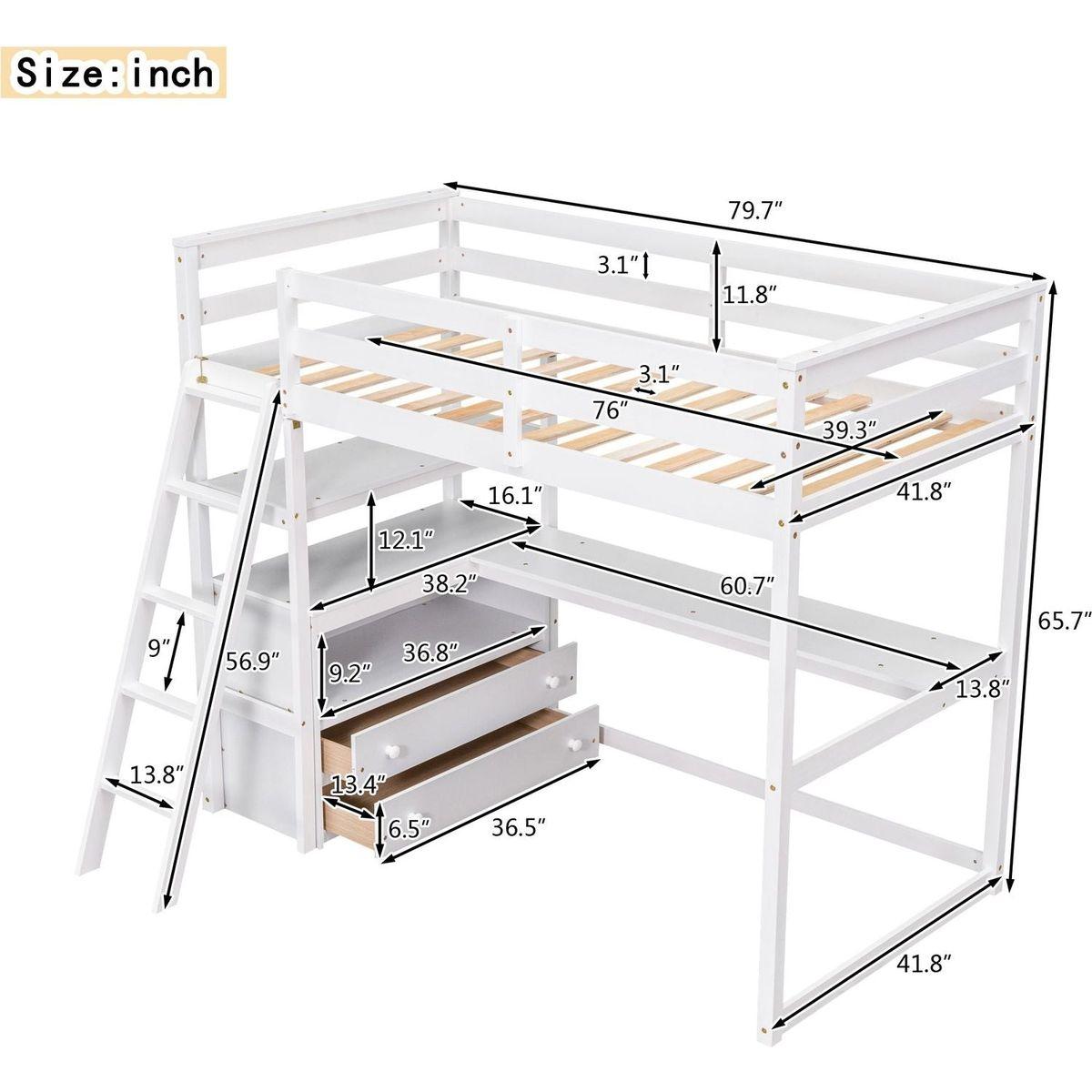 Twin Size Loft Bed with Desk and Shelves, Two Built-in Drawers, White
