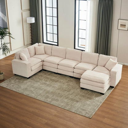 Modern U Shaped 6-seat Sectional Sofa Couch with one Ottoman and three toss pillows, Modular Sofa for Living Room,Corduroy sofa