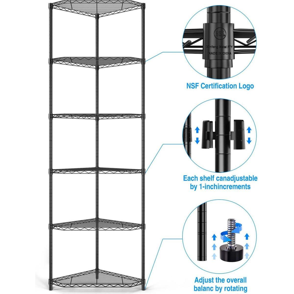 6 Tier Shelf Corner Wire Shelf Rack Pentagonal Shelves Adjustable Metal Heavy Duty Free Standing Corner Storage Display Chrome Rack for Bathroom, Living Room, Kitchen - Black