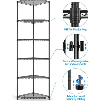6 Tier Shelf Corner Wire Shelf Rack Pentagonal Shelves Adjustable Metal Heavy Duty Free Standing Corner Storage Display Chrome Rack for Bathroom, Living Room, Kitchen - Black