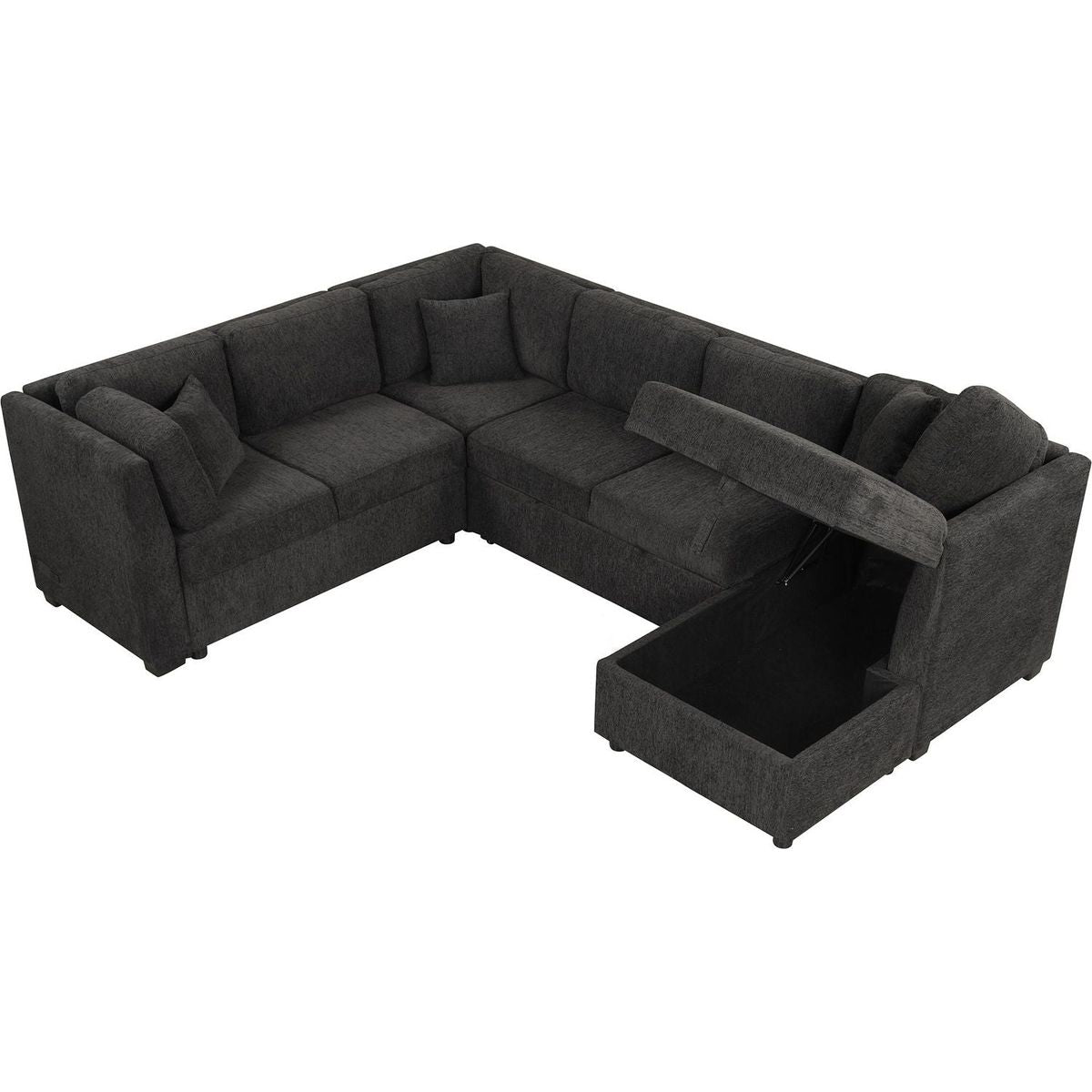 108.6" U-shaped Sectional Sofa Pull out Sofa Bed with Two USB Ports, Two Power Sockets, Three Back Pillows and a Storage Chaise for Living Room, Black