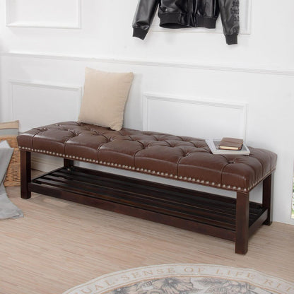 Bedroom End of Bed Bench Tufted Upholstered End of Bed Bench End of Bed Entrance Shoe Bench, 60" with Nailhead Trim and Shelf Bedroom Upholstered Leather Bench Living Room Shoe Rack Footstool (brown)